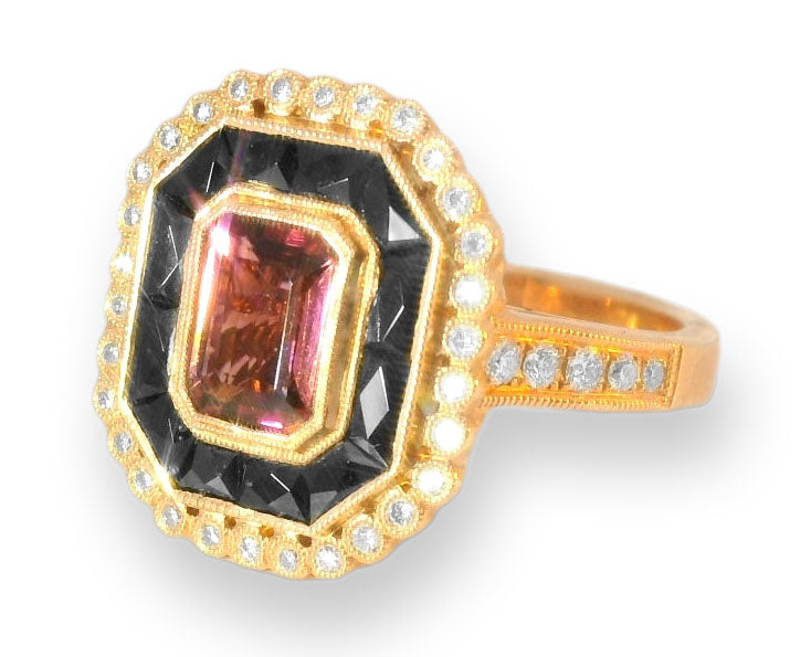 Beautiful Art Deco 18K Pink Rose Gold Pink Tourmaline Hand Cut Onyx Diamond Filigree Ring Band - GGEMSonline