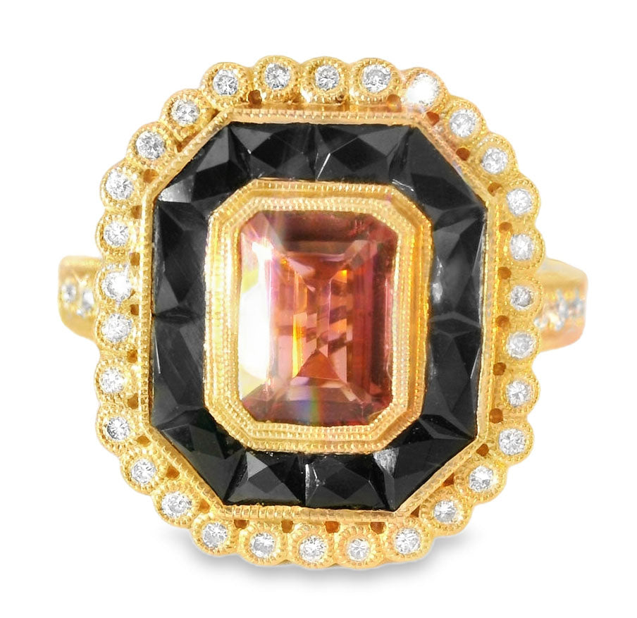 Beautiful Art Deco 18K Pink Rose Gold Pink Tourmaline Hand Cut Onyx Diamond Filigree Ring Band - GGEMSonline