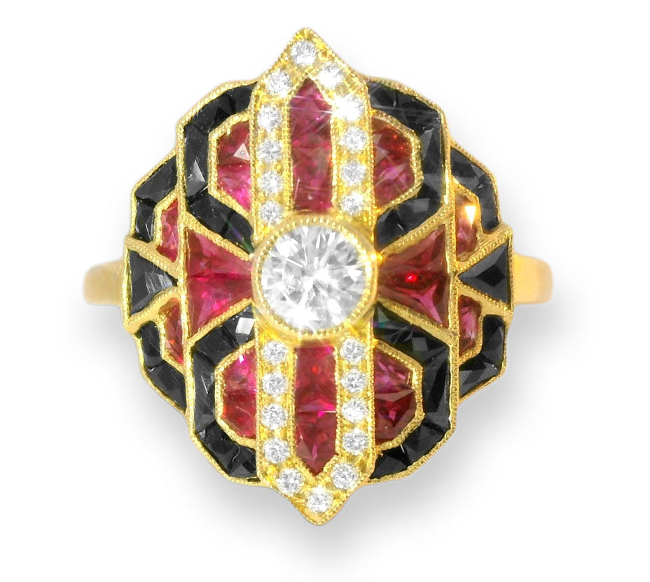 Exquisite Art Deco 18K Yellow Gold Diamond Hand Cut Ruby Onyx Ring Band - GGEMSonline