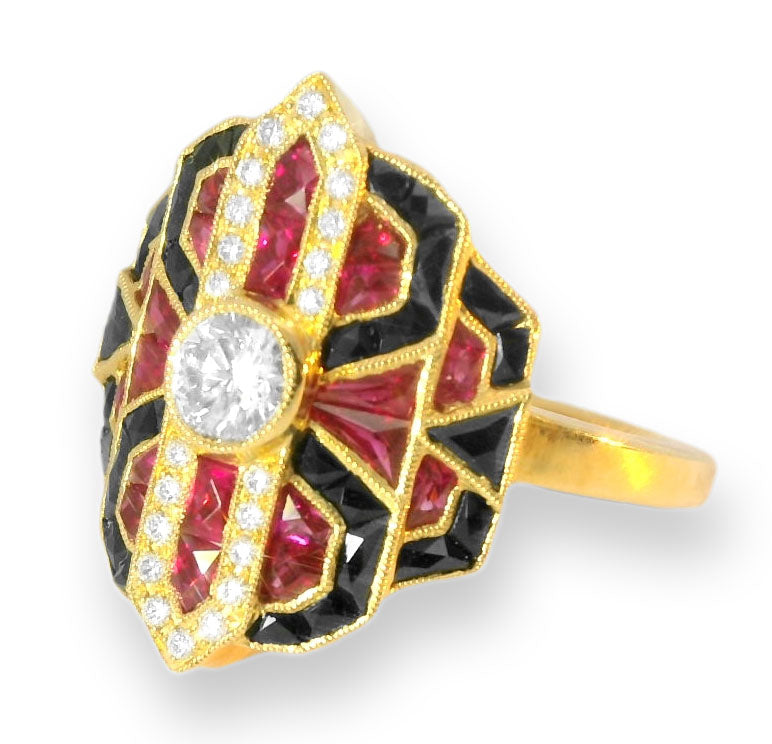 Exquisite Art Deco 18K Yellow Gold Diamond Hand Cut Ruby Onyx Ring Band - GGEMSonline