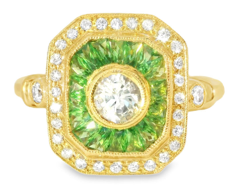 Beautiful Art Deco 14K Yellow Gold French Cut Tsavorite Diamond Sapphire Mosaic Ring - GGEMSonline