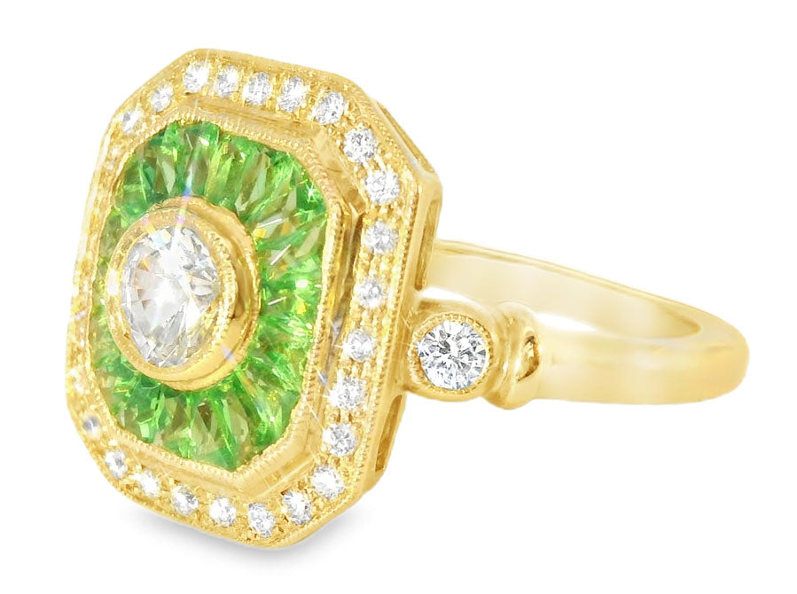 Beautiful Art Deco 14K Yellow Gold French Cut Tsavorite Diamond Sapphire Mosaic Ring - GGEMSonline