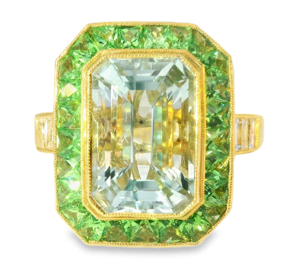 Stunning Art Deco 18K Yellow Gold Hand Cut Aquamarine Diamond Tsavorite Mosaic Ring - GGEMSonline