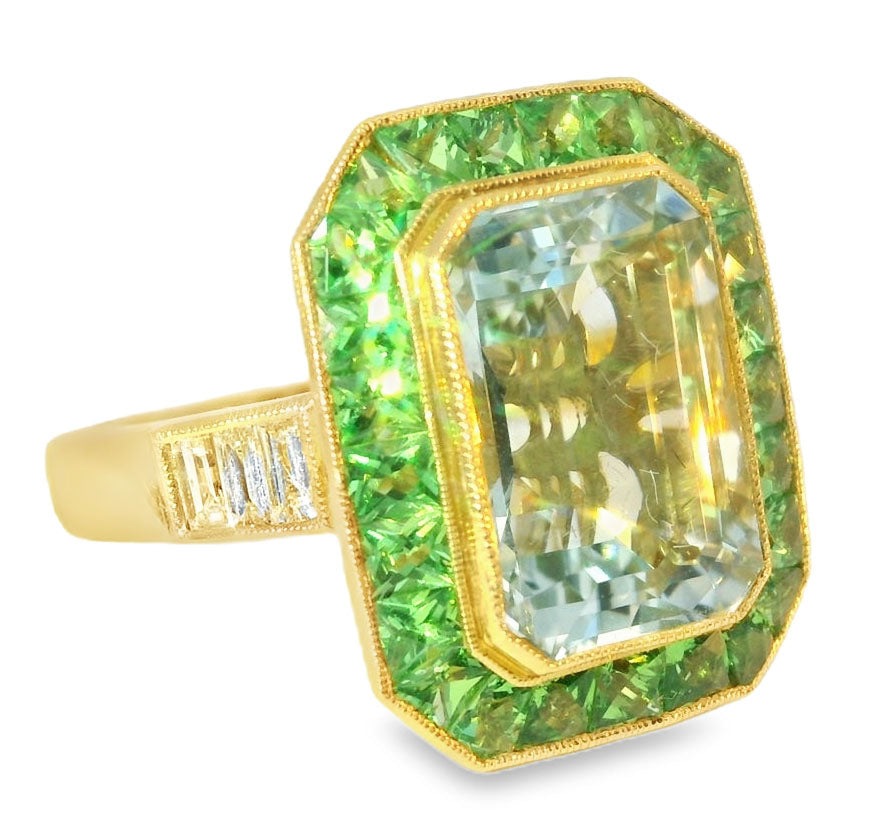 Stunning Art Deco 18K Yellow Gold Hand Cut Aquamarine Diamond Tsavorite Mosaic Ring - GGEMSonline