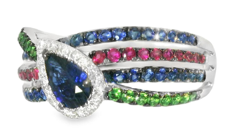 Stunning 18K White Gold Diamond Ruby Sapphire Emerald Band Ring