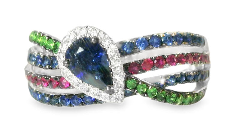 Stunning 18K White Gold Diamond Ruby Sapphire Emerald Band Ring