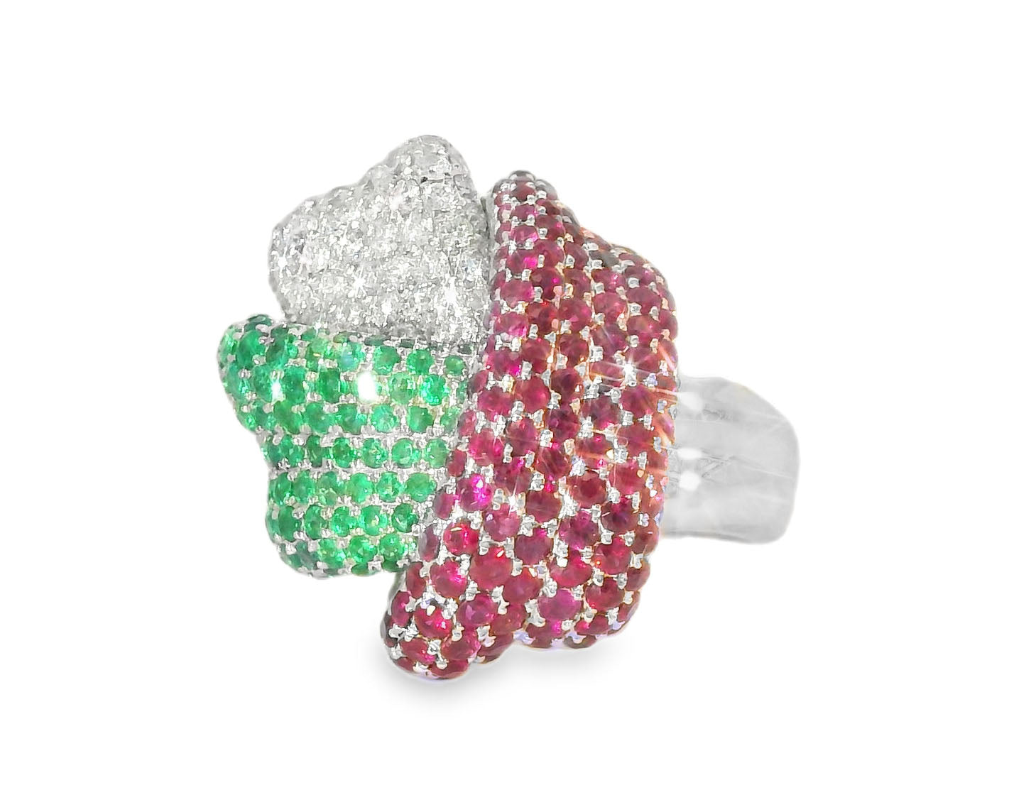 Gorgeous 18K White Gold Diamond Emerald Ruby Knot Band Ring - GGEMSonline