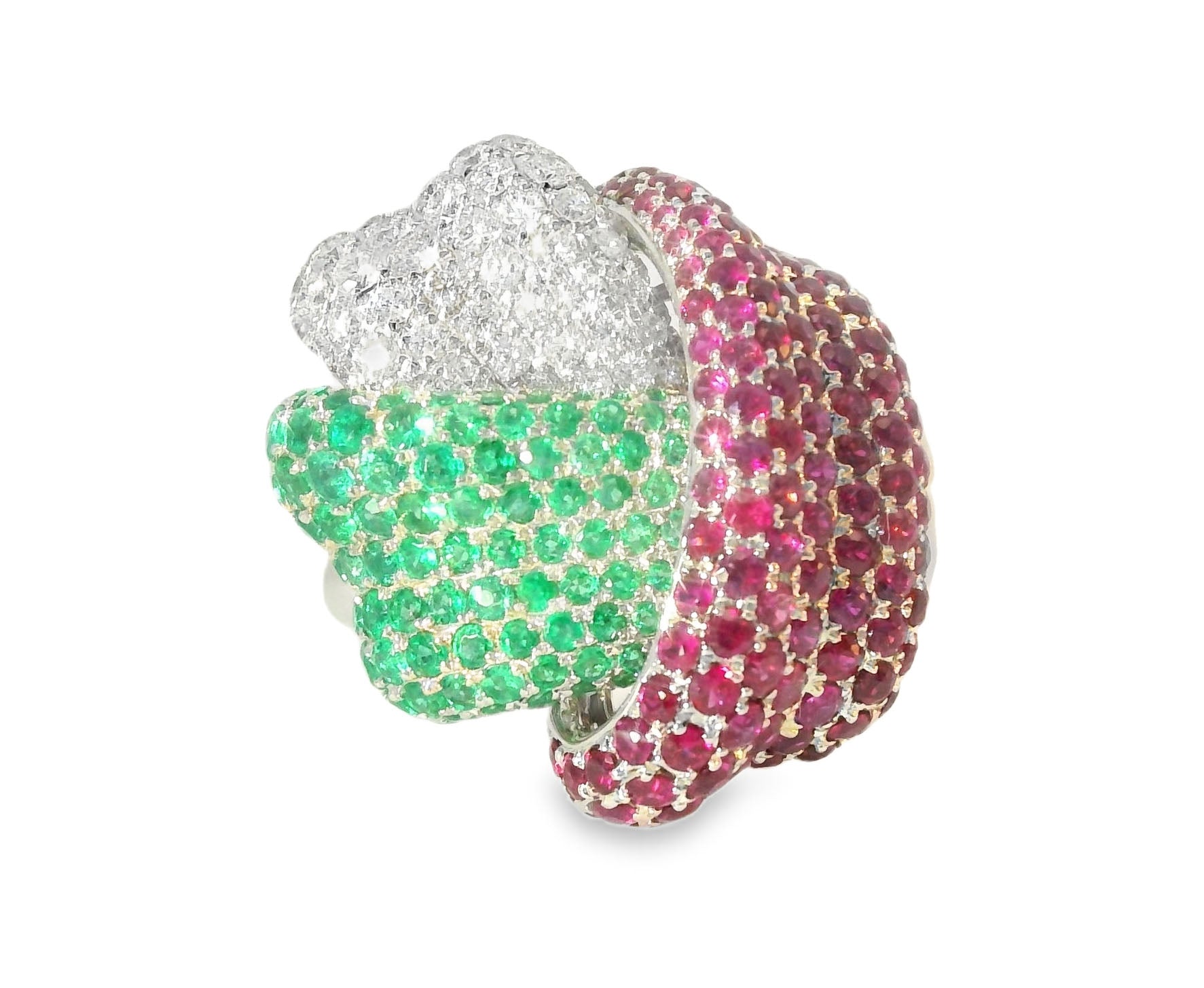 Gorgeous 18K White Gold Diamond Emerald Ruby Knot Band Ring - GGEMSonline