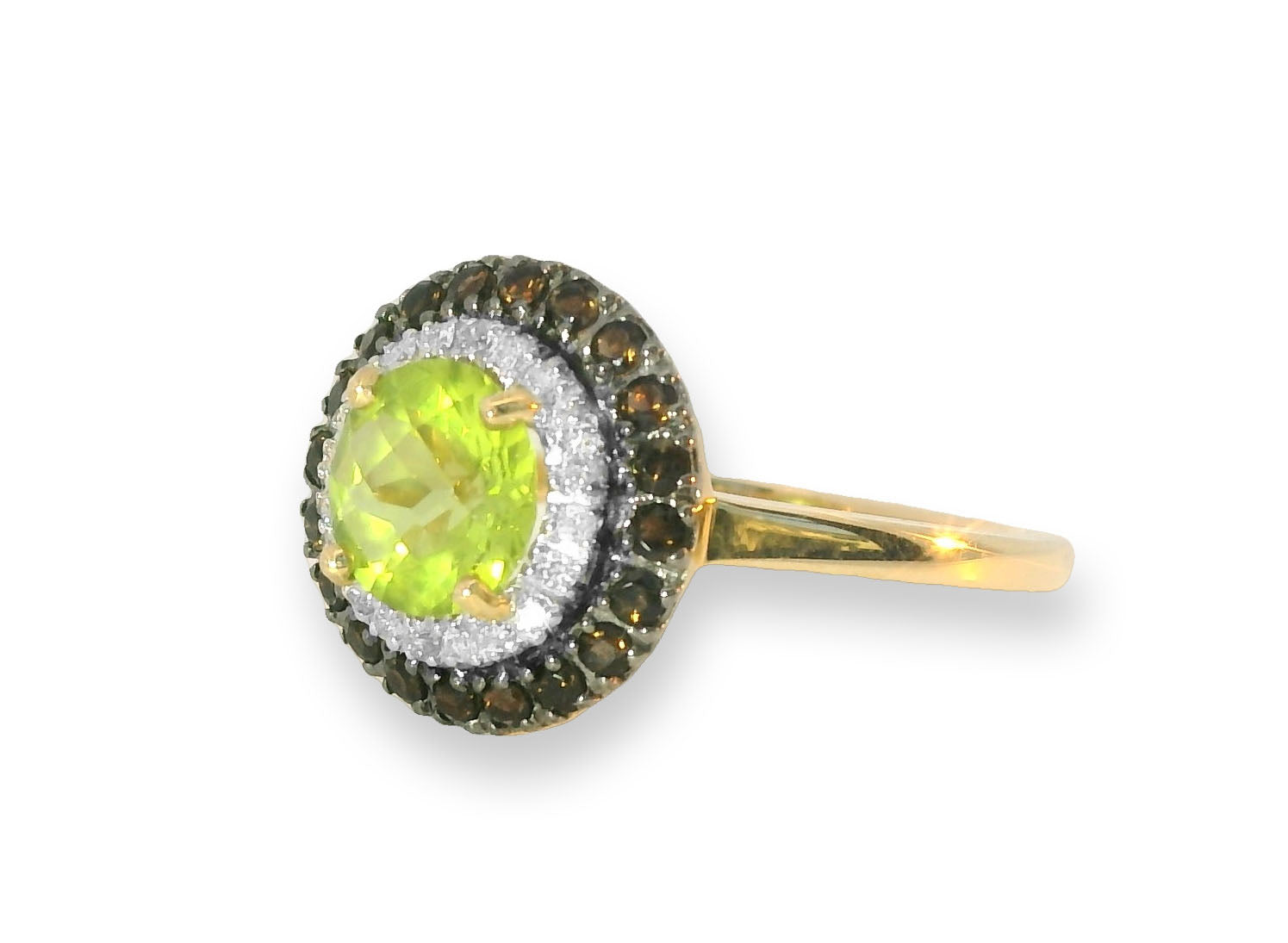 Beautiful 14K Yellow Gold Peridot Smokey Quartz Diamond Ring Band - GGEMSonline