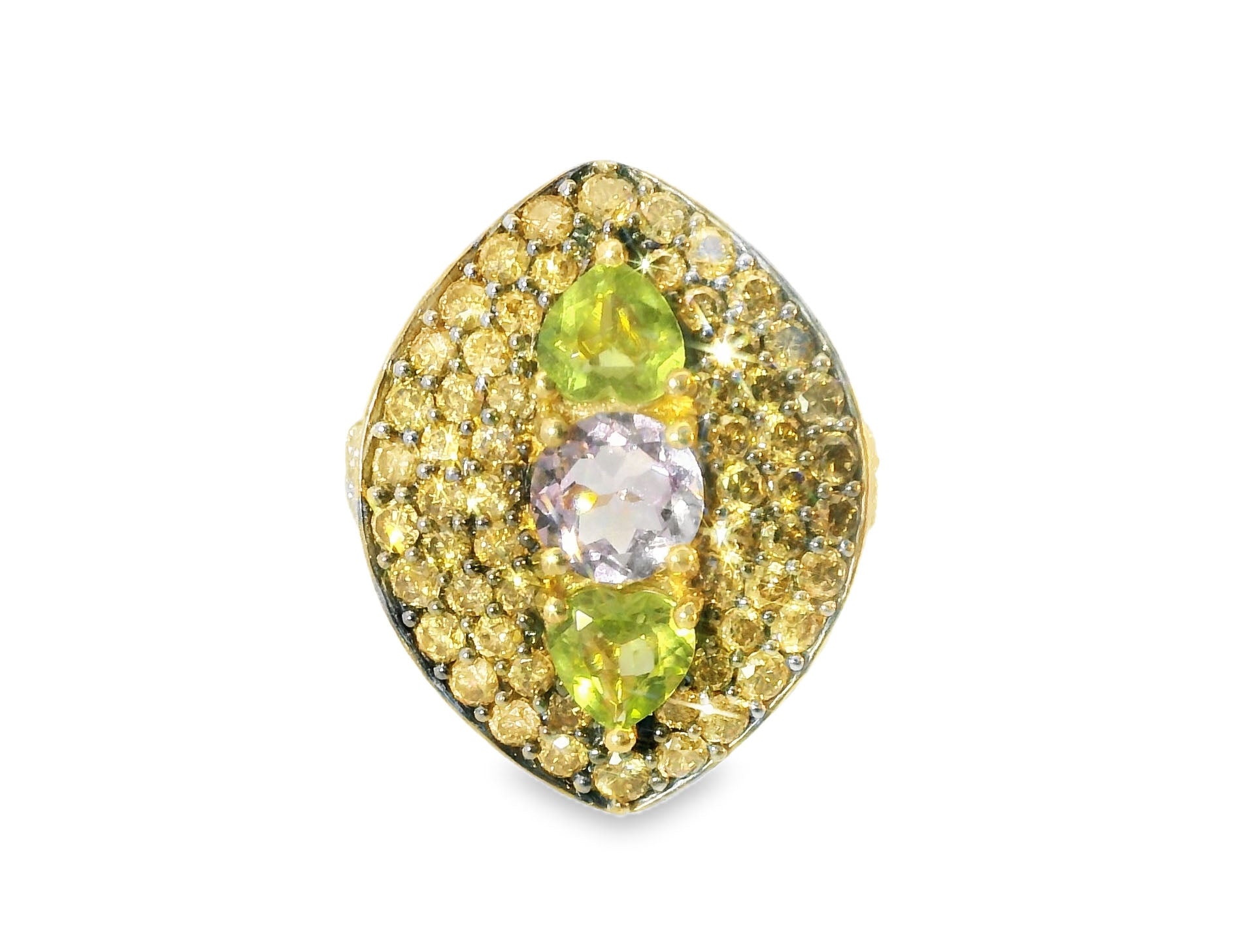 Magnificent 14K Gold Pave Champagne Diamond Amethyst Peridot Designer Ring - GGEMSonline