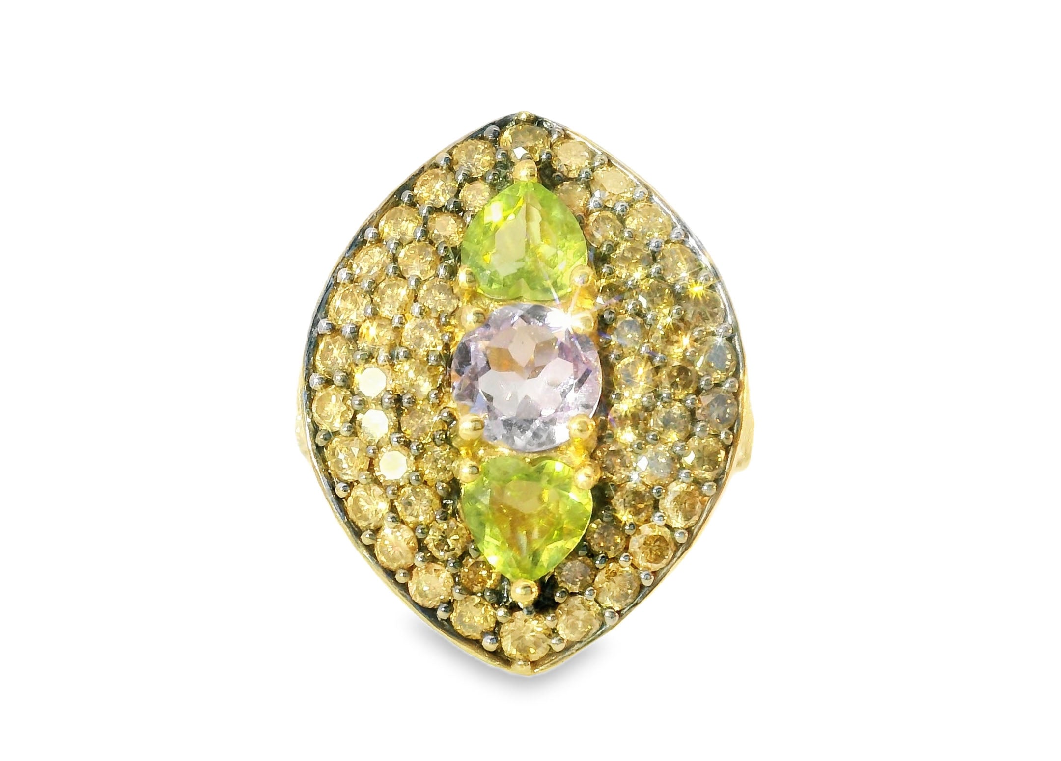 Magnificent 14K Gold Pave Champagne Diamond Amethyst Peridot Designer Ring - GGEMSonline
