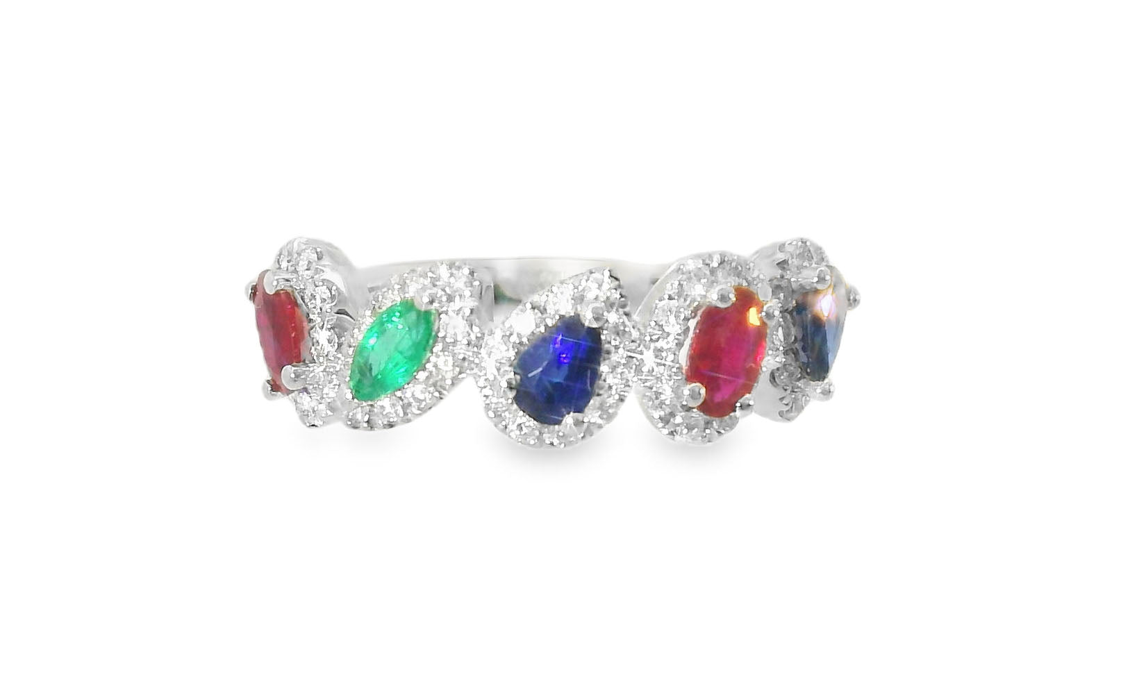 Gorgeous 18K White Gold Ruby Sapphire Emerald Diamond Band Ring - GGEMSonline