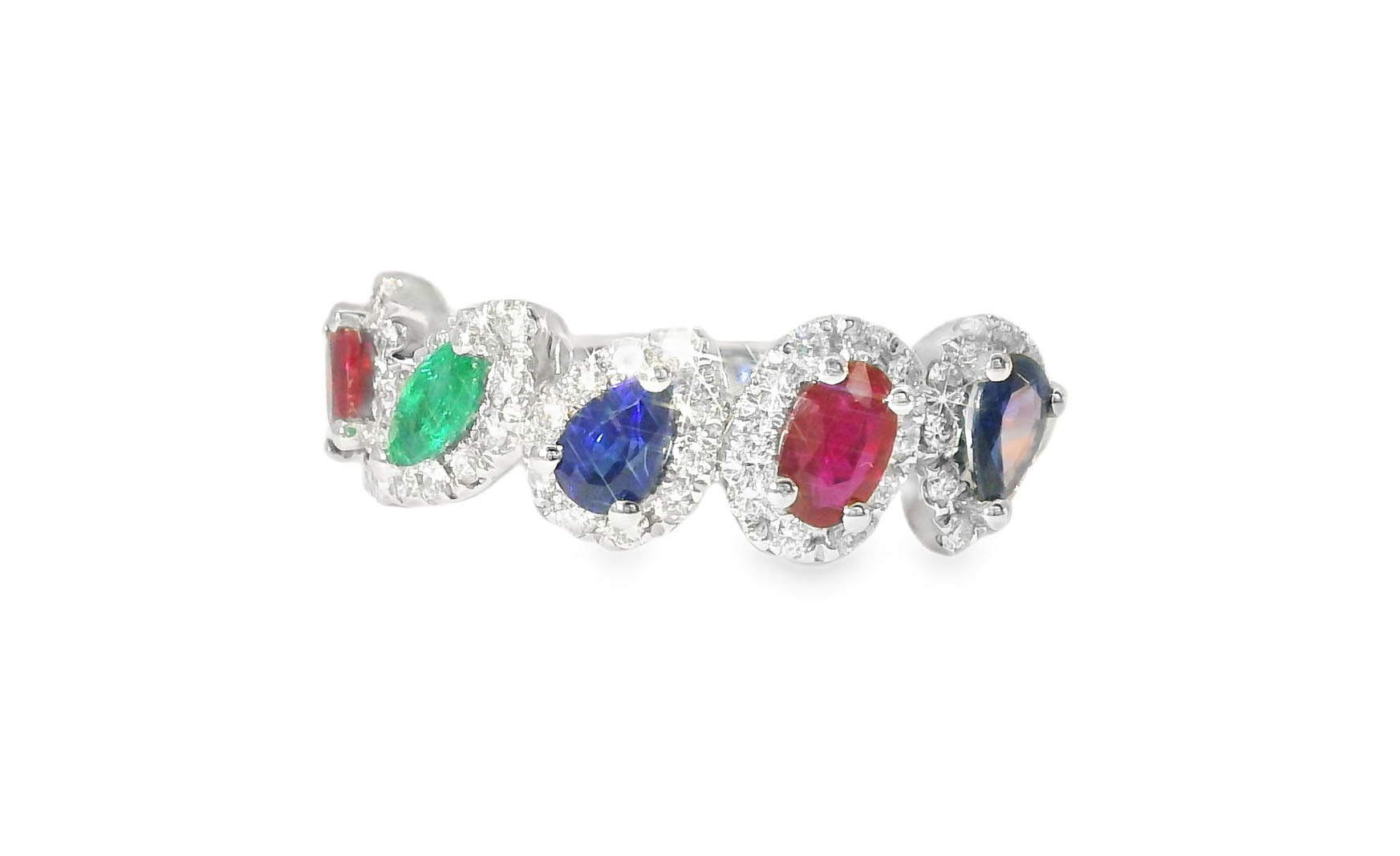 Gorgeous 18K White Gold Ruby Sapphire Emerald Diamond Band Ring - GGEMSonline