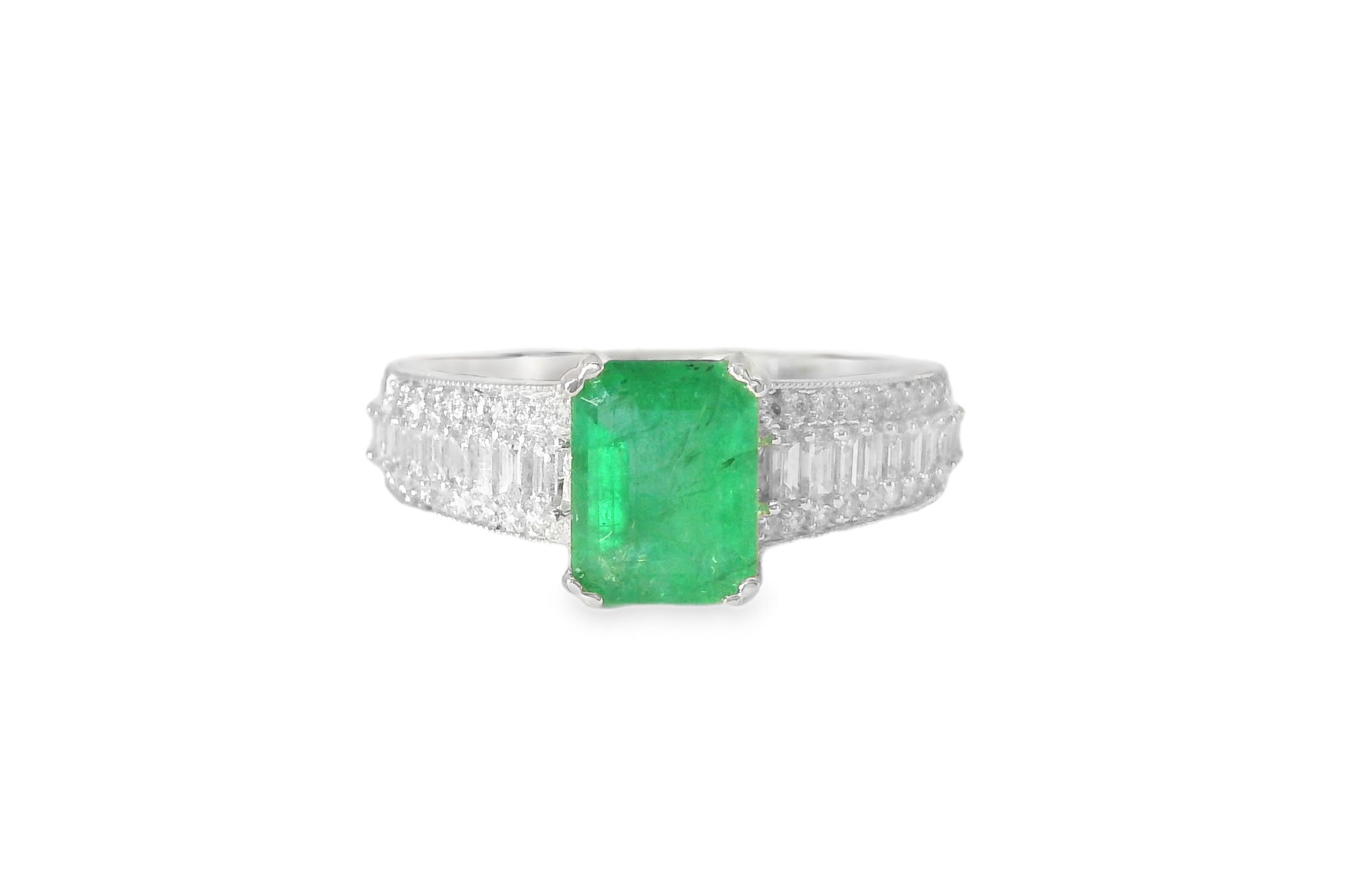 Gorgeous 14K White Gold Colombian Emerald Baguette Diamond Cocktail Ring - GGEMSonline