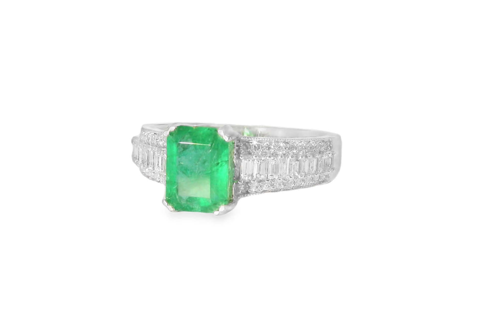 Gorgeous 14K White Gold Colombian Emerald Baguette Diamond Cocktail Ring - GGEMSonline