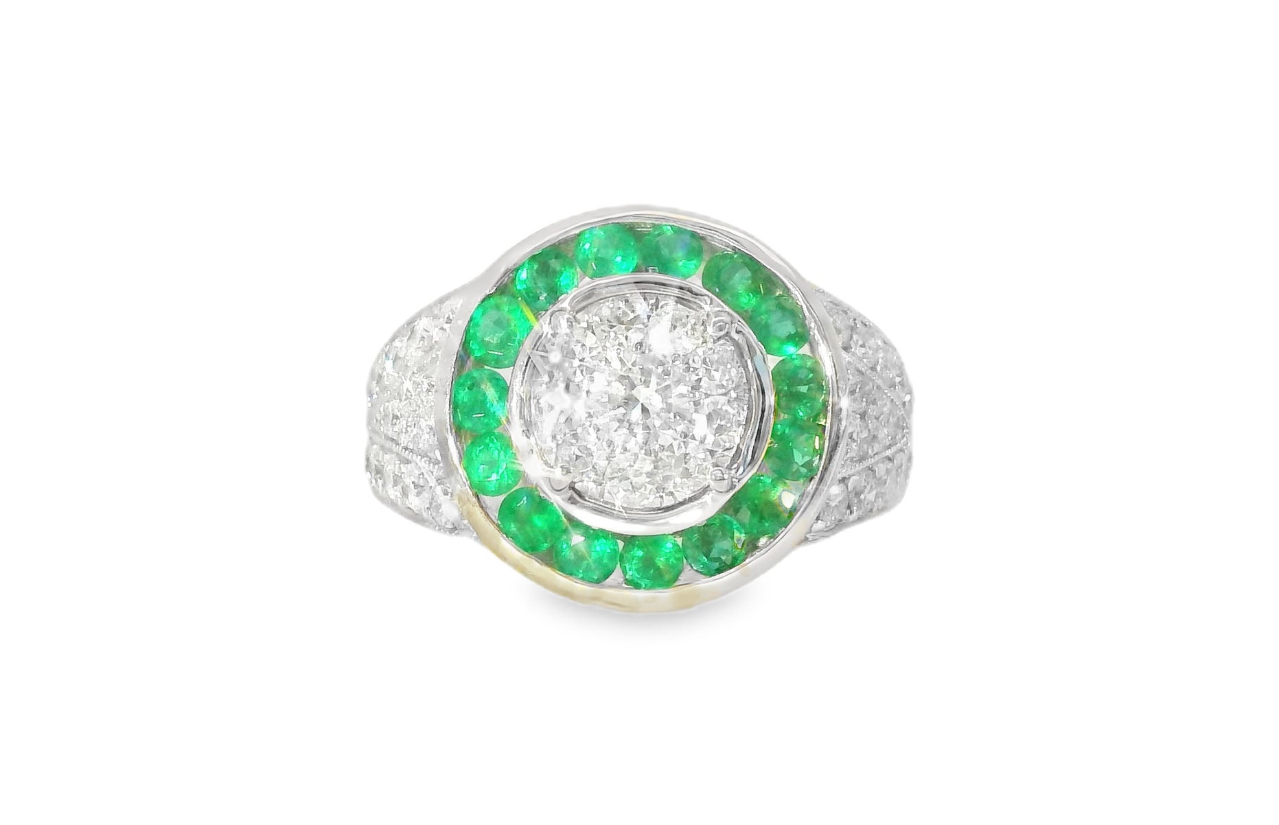 Stunning 18K White Gold Diamond Emerald Art Deco Ring Band - GGEMSonline
