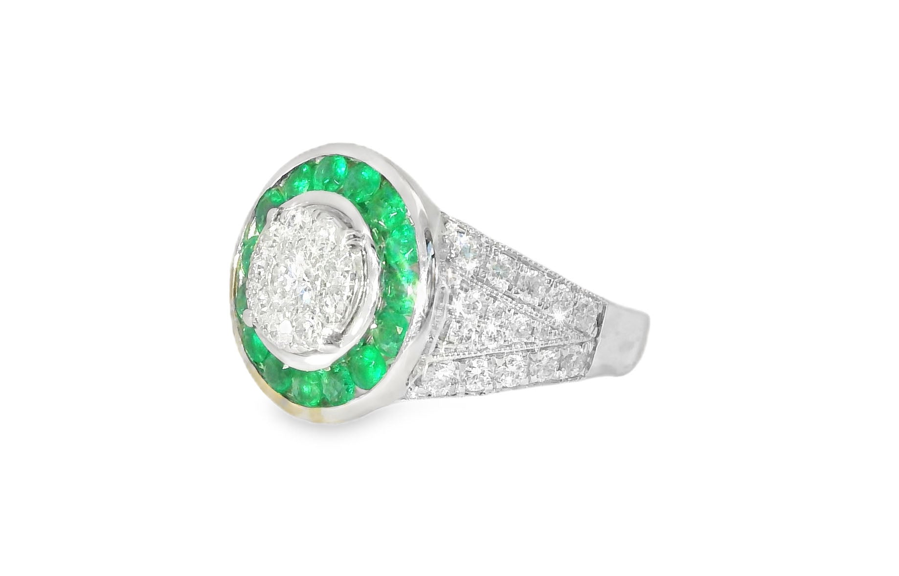 Stunning 18K White Gold Diamond Emerald Art Deco Ring Band - GGEMSonline