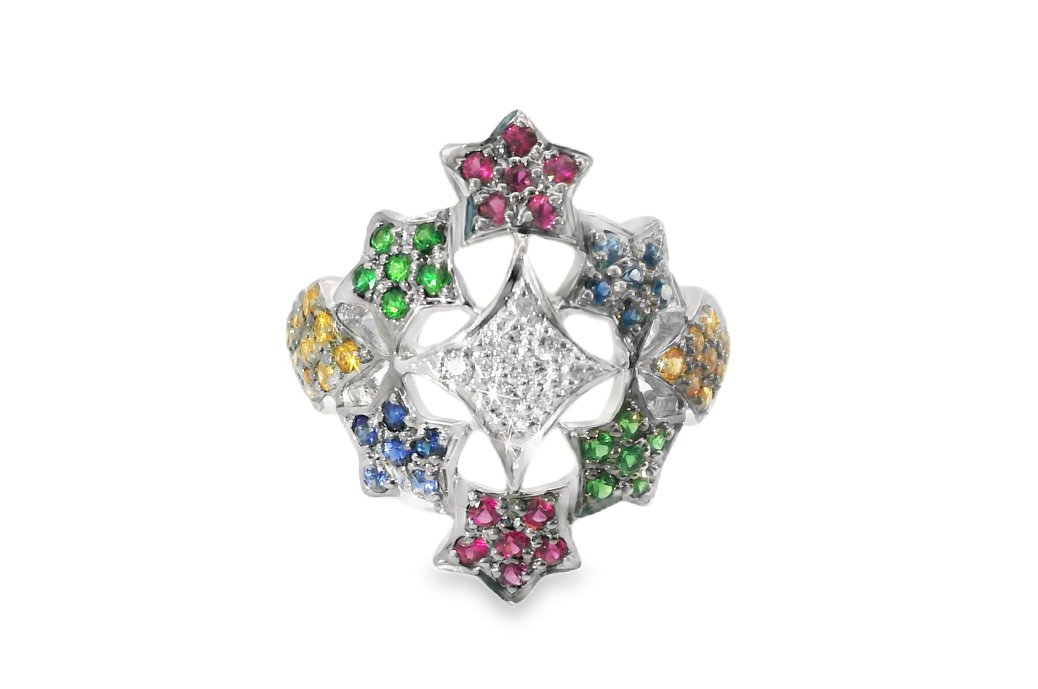 Magnificent 18K White Gold Diamond Multi-Color Sapphire Stars Cocktail Ring - GGEMSonline