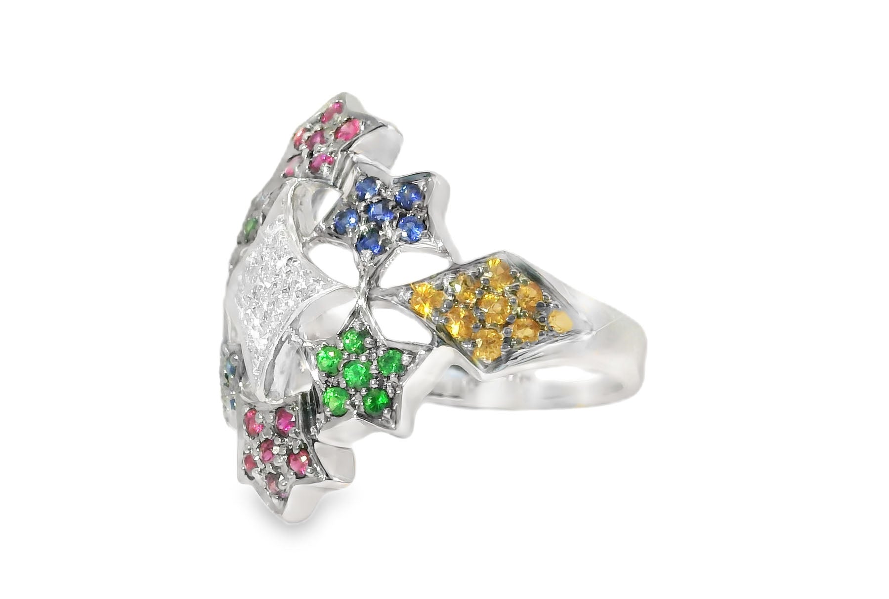 Magnificent 18K White Gold Diamond Multi-Color Sapphire Stars Cocktail Ring - GGEMSonline