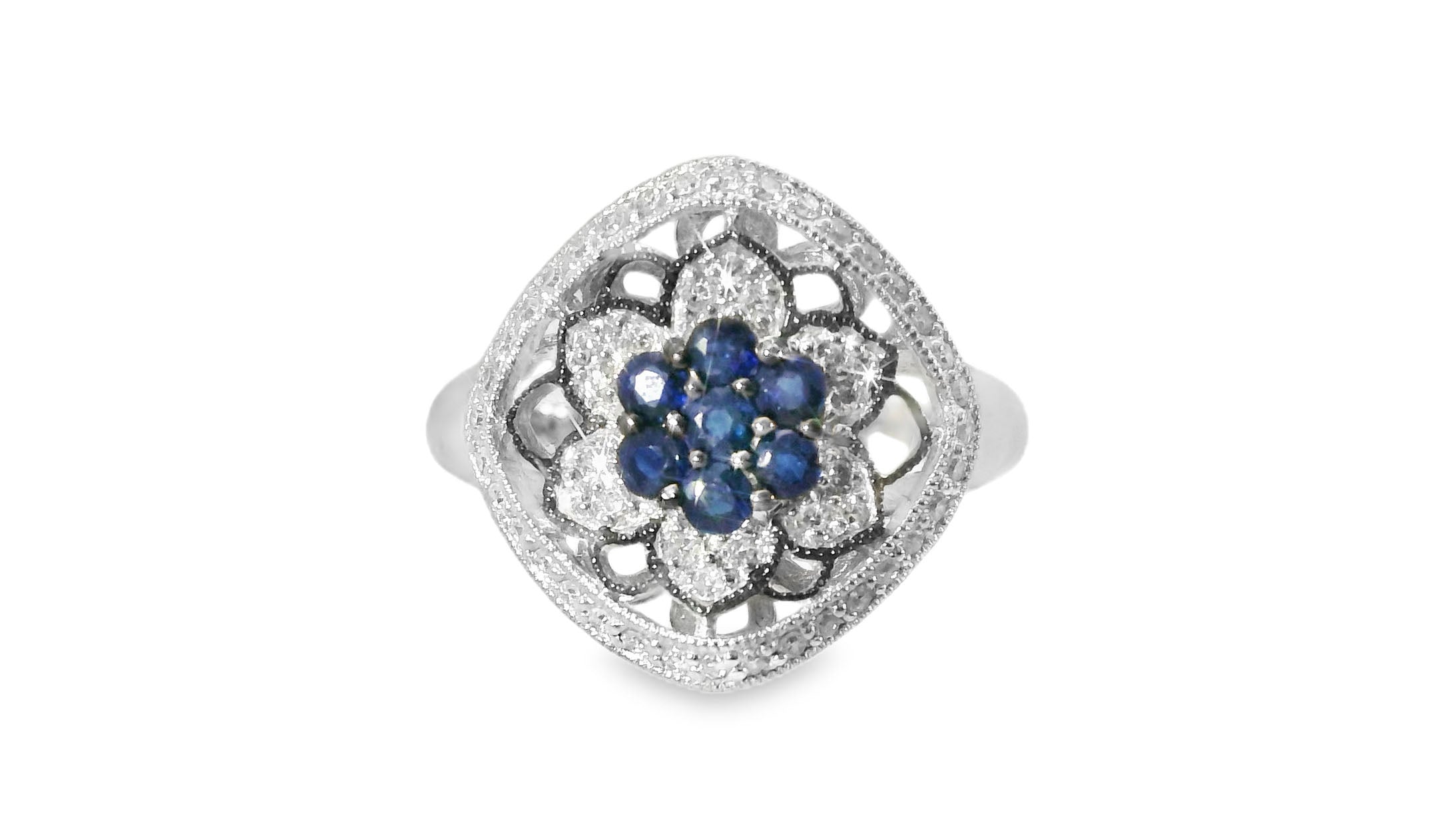 Gorgeous Antique 14K White Gold Sapphire Diamond Floral Flower Ring - GGEMSonline