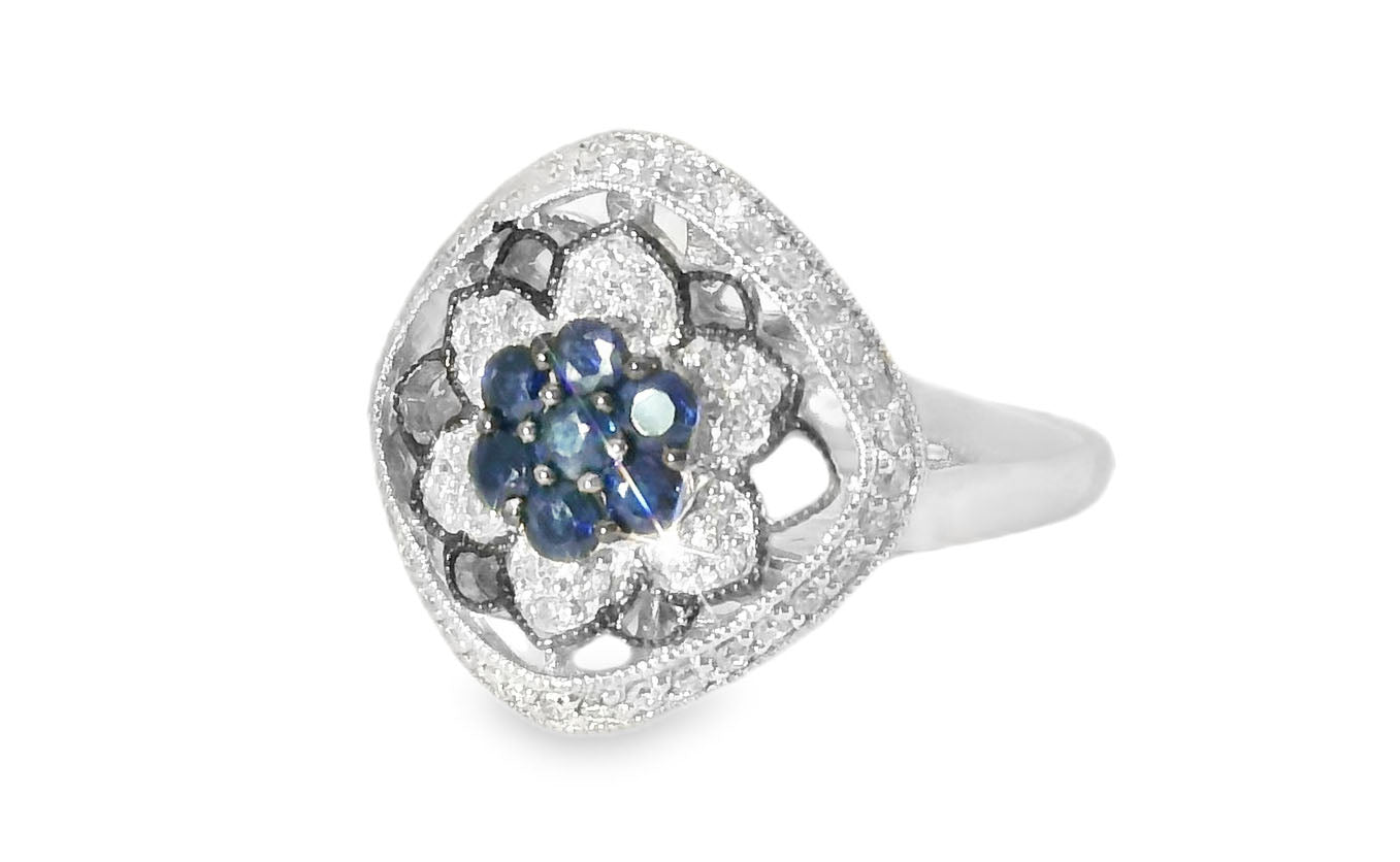 Gorgeous Antique 14K White Gold Sapphire Diamond Floral Flower Ring - GGEMSonline