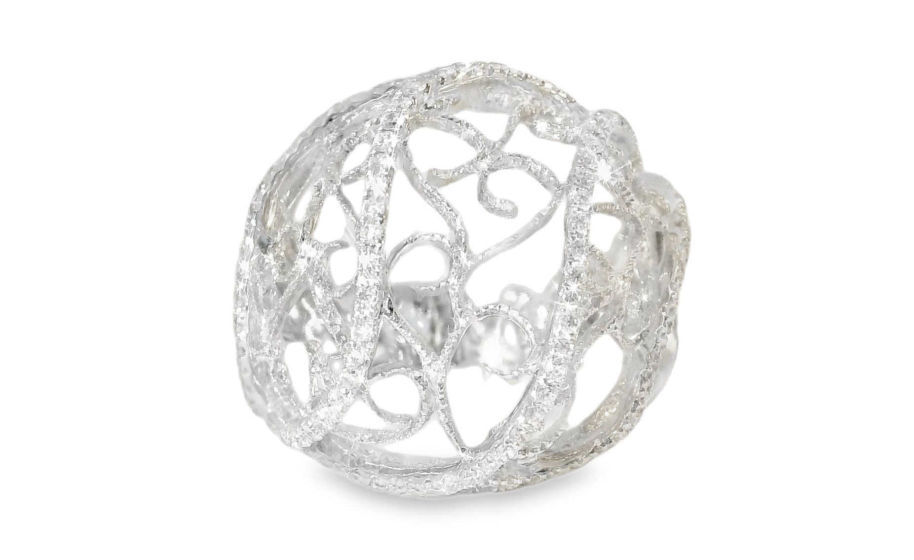 Fabulous 18K White Gold Diamond Filigree Scroll Band Ring - GGEMSonline