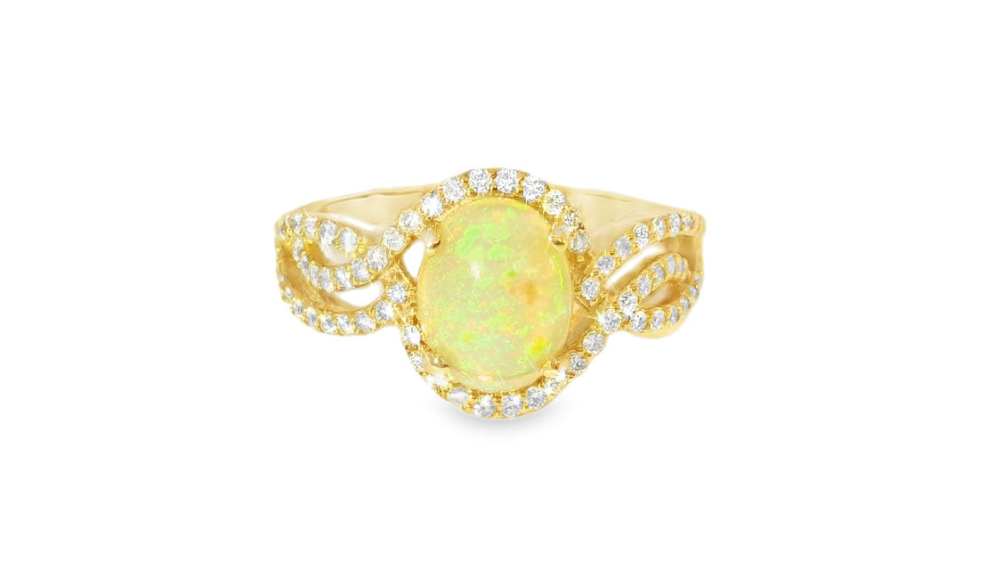 Gorgeous 14K Yellow Gold Ethiopian Opal Diamond Filigree Cocktail Ring - GGEMSonline