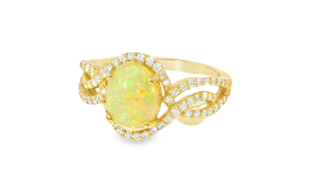 Gorgeous 14K Yellow Gold Ethiopian Opal Diamond Filigree Cocktail Ring - GGEMSonline