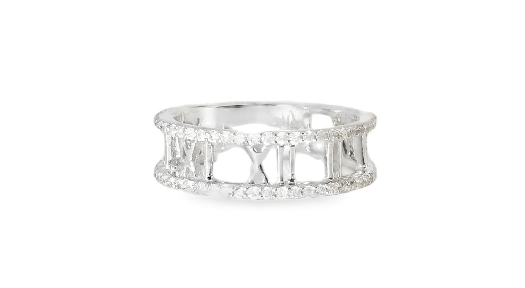 Stunning 14K White Gold Diamond Roman Numeral Wedding Band Ring - GGEMSonline