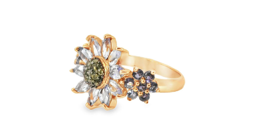 Stunning Estate 14K Pink Rose Gold Iolite Tanzanite Sunflower Band Ring - GGEMSonline