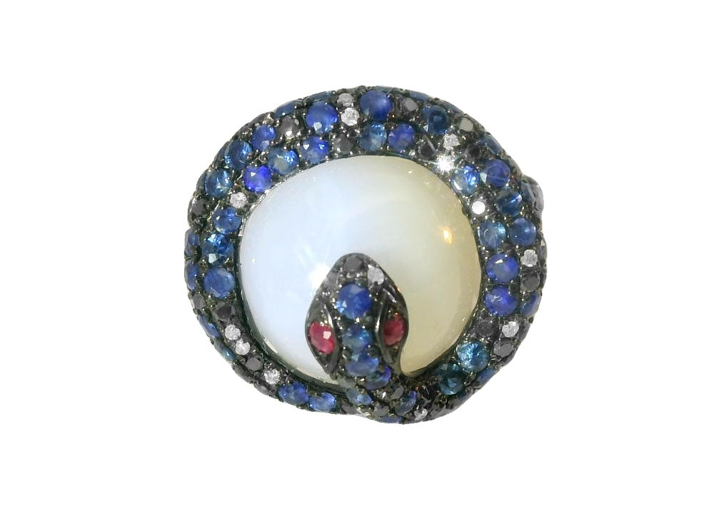 Unique 14K White Gold Chalcedony Quartz Sapphire Ruby Diamond Snake Ring Band - GGEMSonline