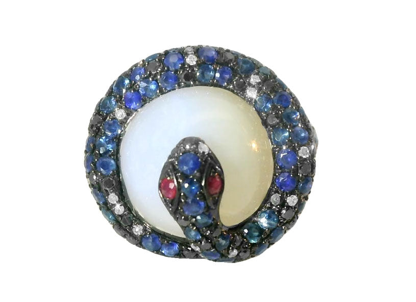Unique 14K White Gold Chalcedony Quartz Sapphire Ruby Diamond Snake Ring Band - GGEMSonline