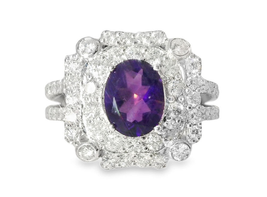 Gorgeous 18K White Gold Filigree Diamond Amethyst Engagement Ring - GGEMSonline