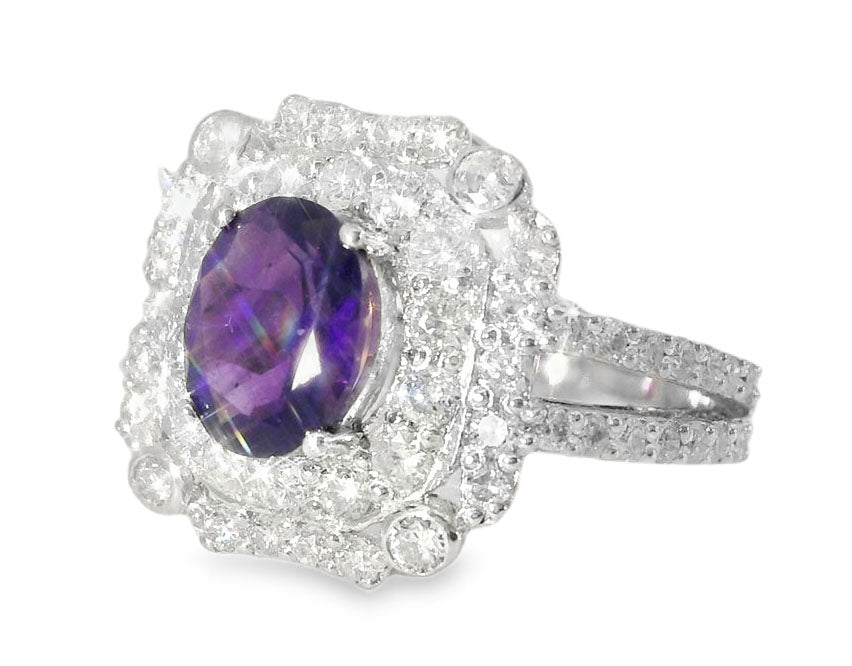 Gorgeous 18K White Gold Filigree Diamond Amethyst Engagement Ring - GGEMSonline