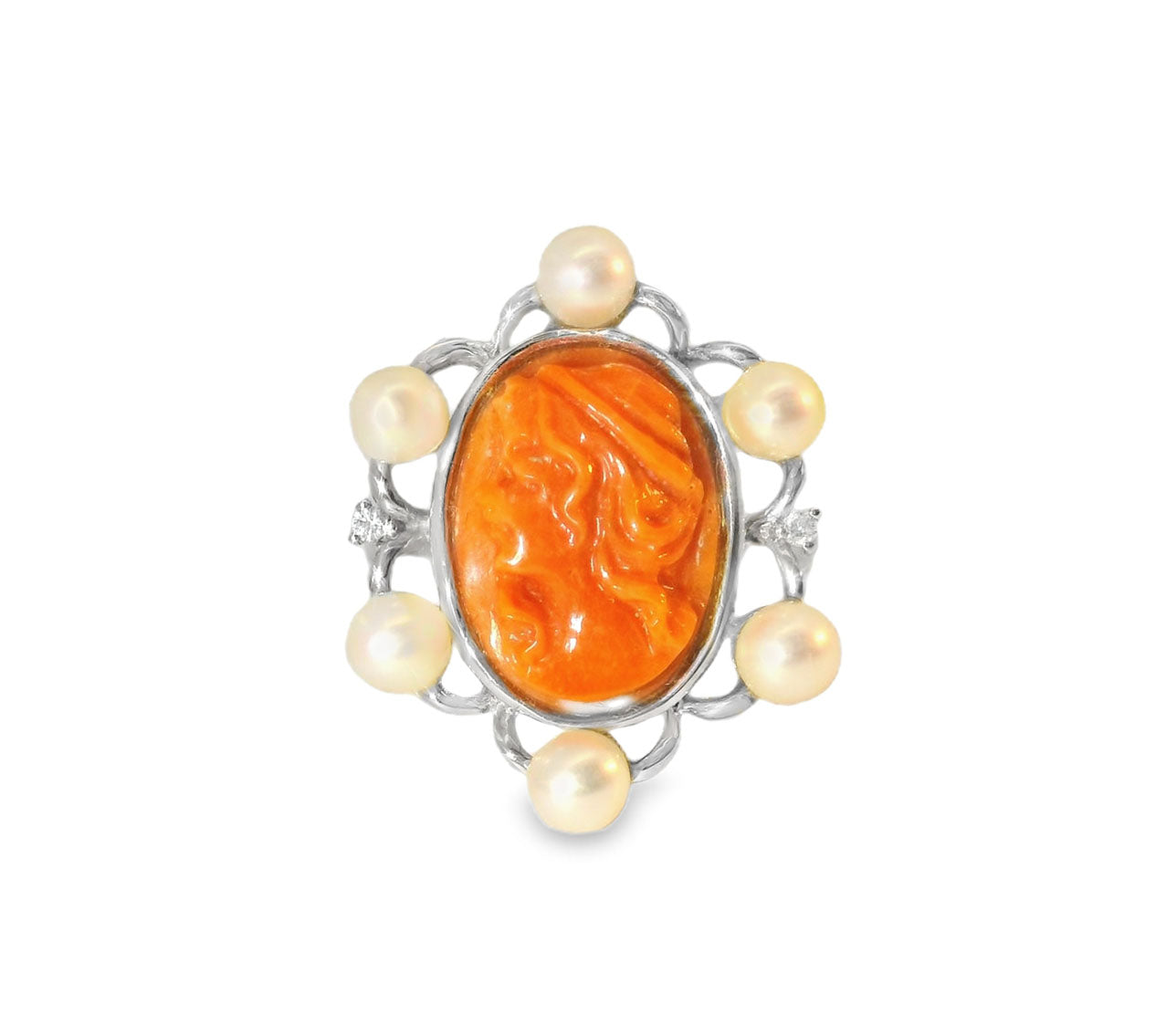 Estate 14K White Gold Filigree Seed Pearl Diamond Red Undyed Coral Cameo Ring