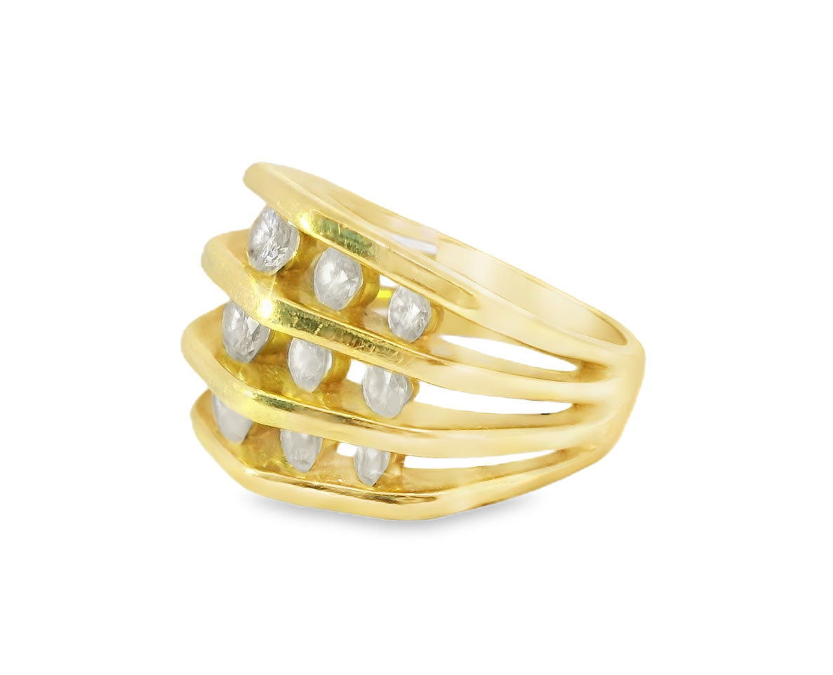 Bold 14K Yellow Gold 3-Row Diamond Statement Band Ring