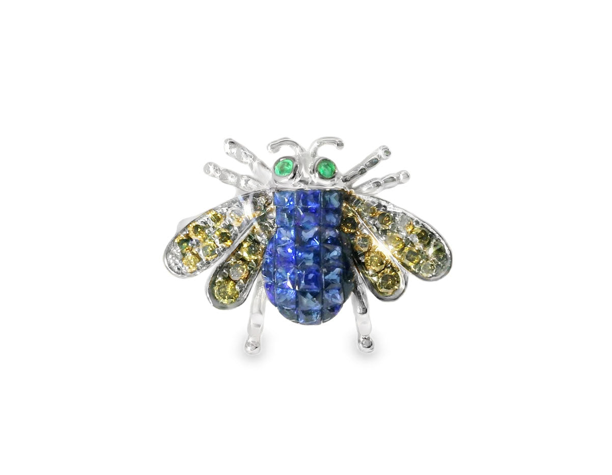Stunning 18K White Gold Sapphire Champagne Diamond Emerald Bee Fly Ring
