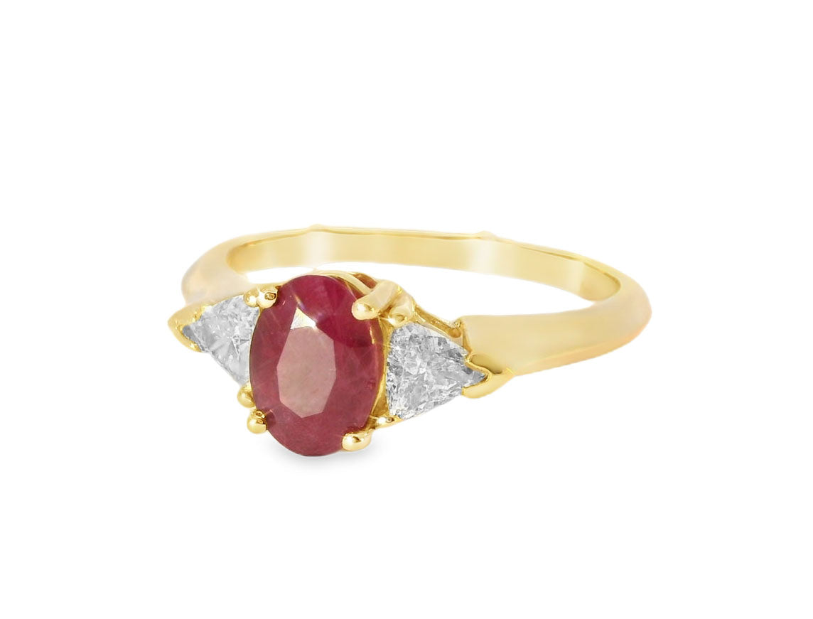 Estate 14K Yellow Gold Ruby Trillion Diamond 3-Stone Ring