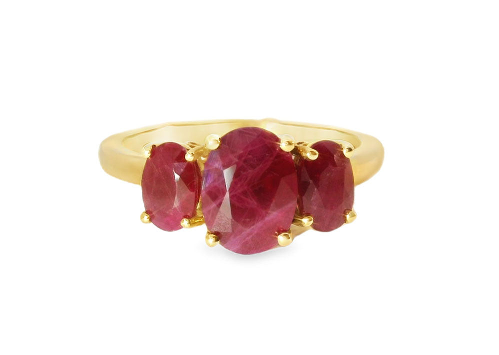 Exquisite 14K Yellow Gold Burma Ruby 3-Stone Filigree Ring Band