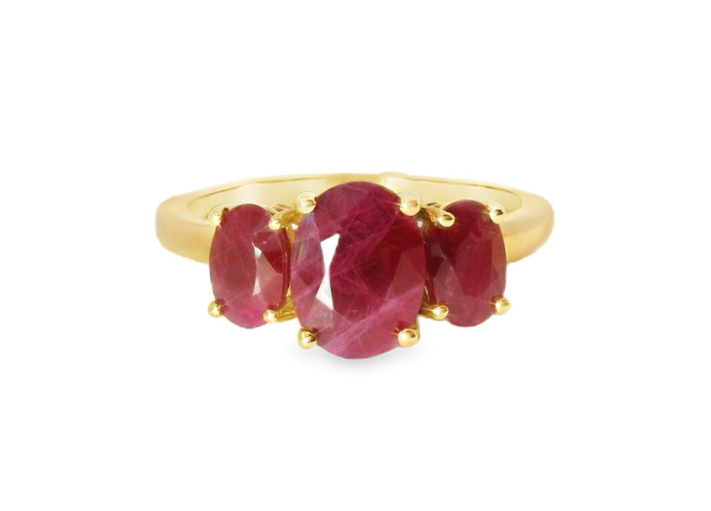 Exquisite 14K Yellow Gold Burma Ruby 3-Stone Filigree Ring Band
