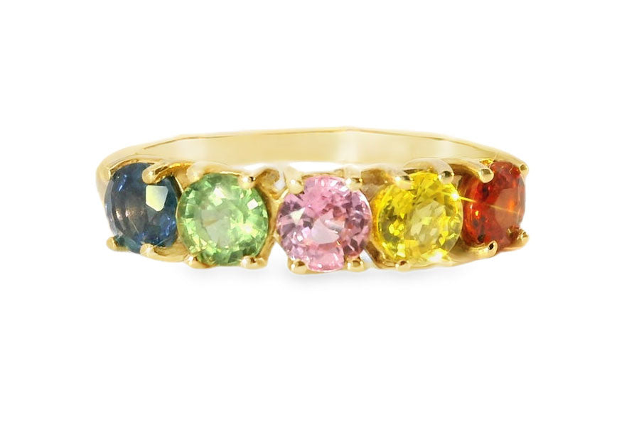 Stunning 14K Yellow Gold Multi-Color Sapphire Rainbow Band Ring