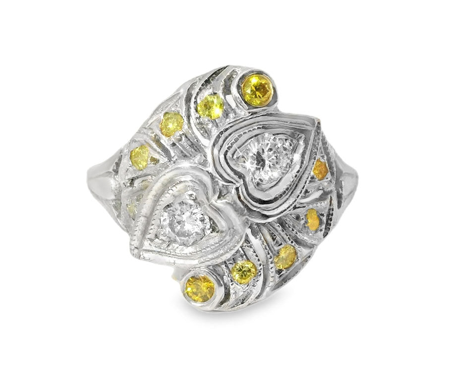 Antique Estate 14K White Gold Filigree Yellow Diamond Hearts Heart Ring Band
