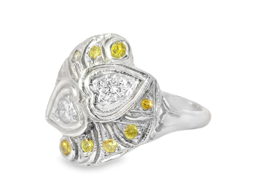 Antique Estate 14K White Gold Filigree Yellow Diamond Hearts Heart Ring Band