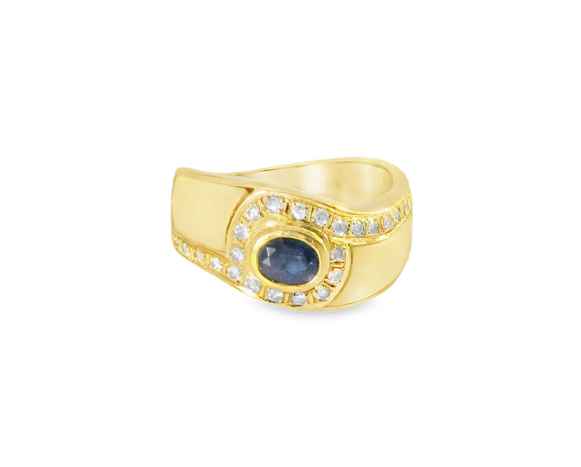 18K Yellow Gold Sapphire Diamond Mother of Pearl Ring Band