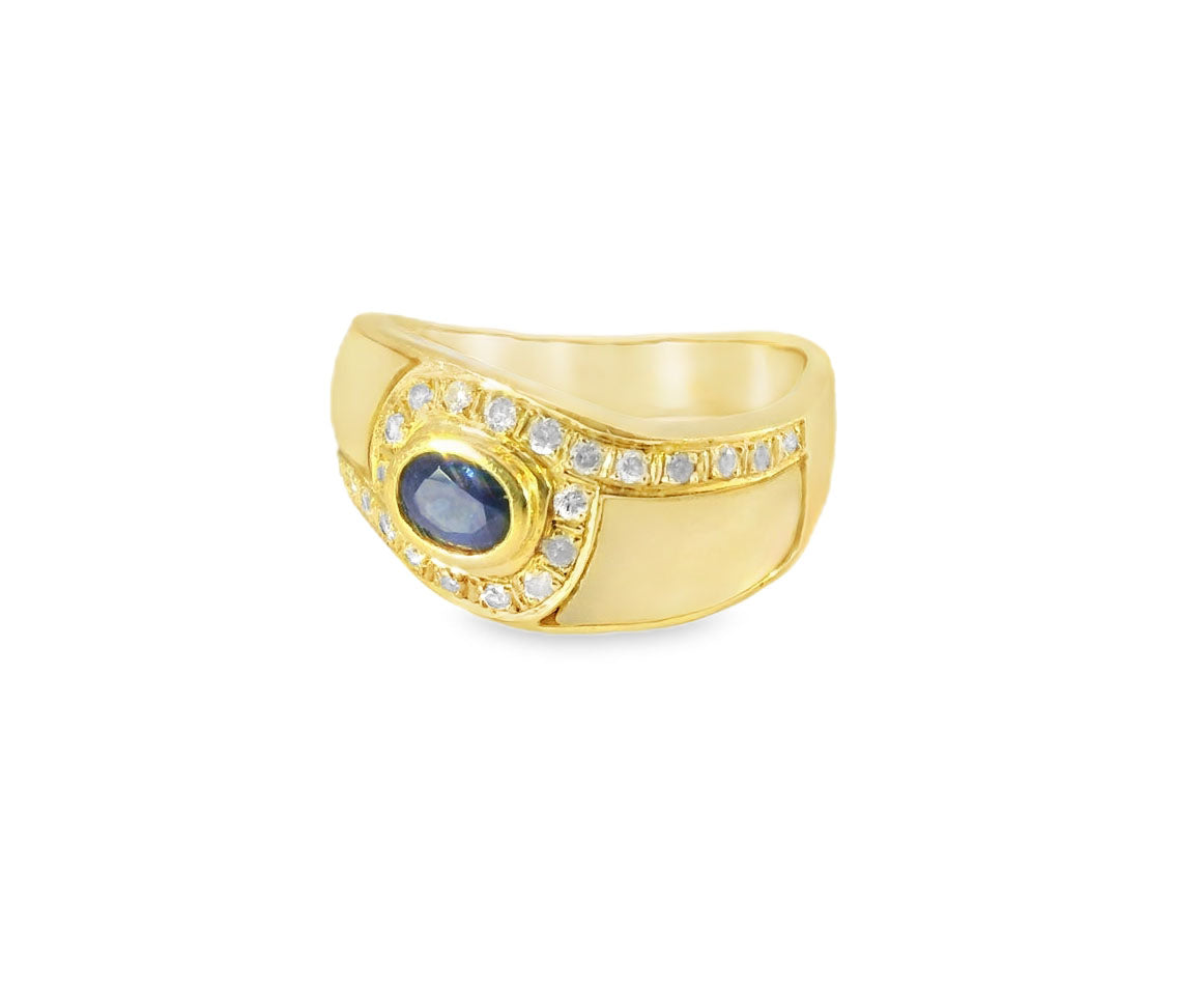 18K Yellow Gold Sapphire Diamond Mother of Pearl Ring Band