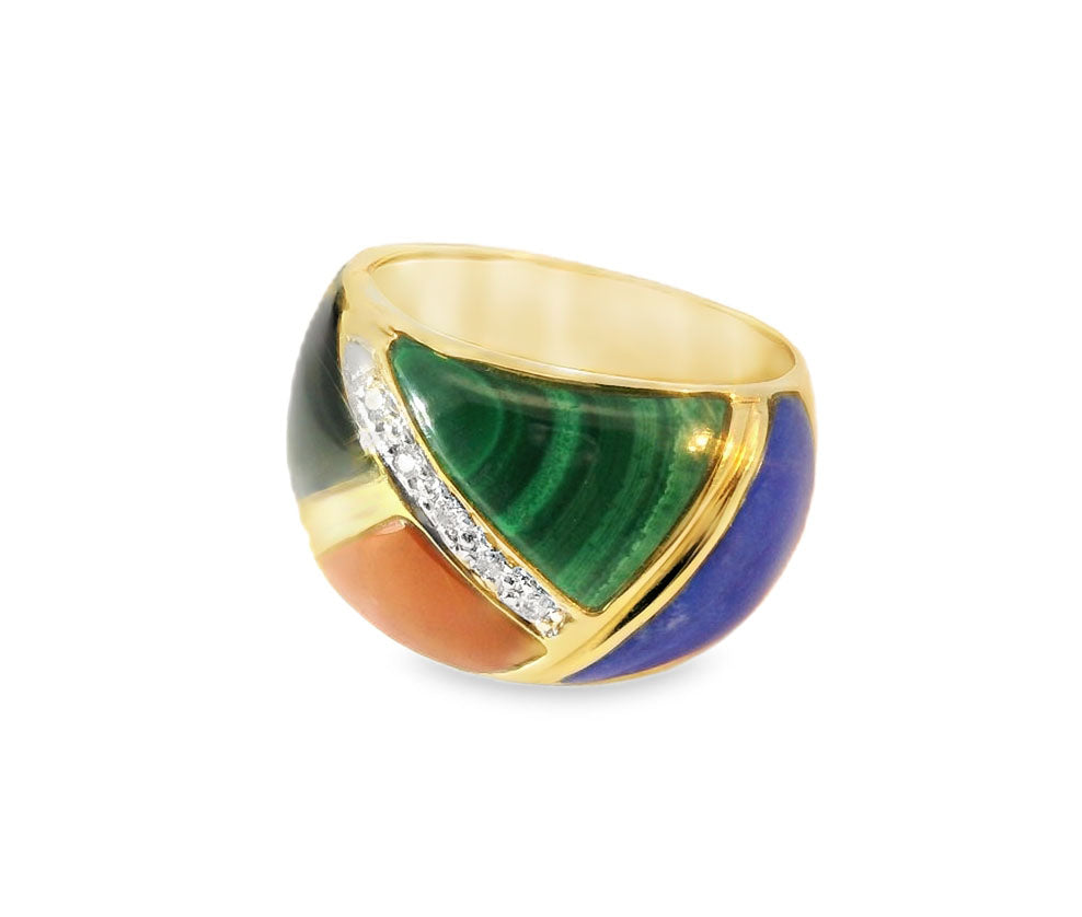 Art Deco 14K Yellow Gold Inlaid Lapis Coral Onyx Malachite Diamond Band Ring