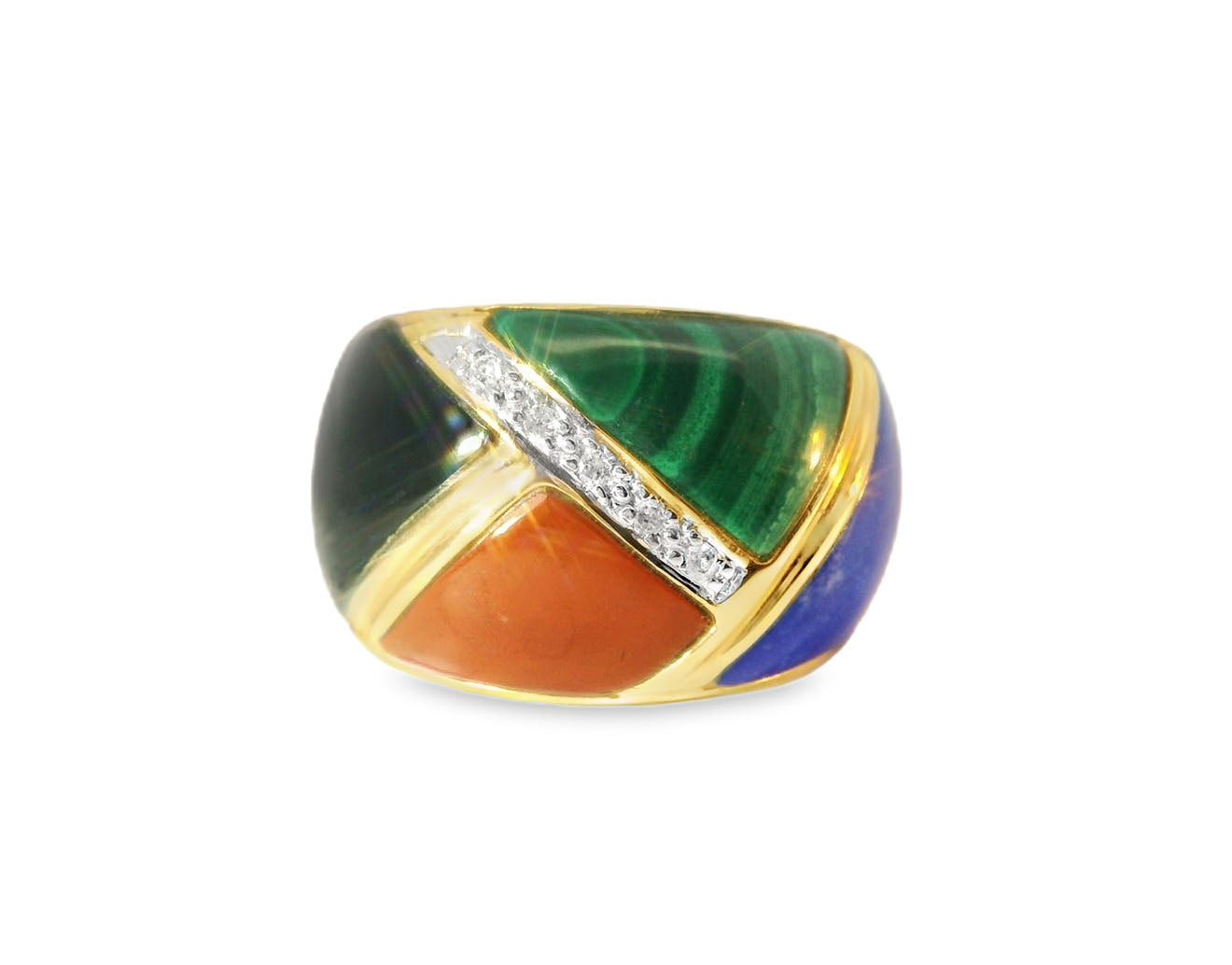 Art Deco 14K Yellow Gold Inlaid Lapis Coral Onyx Malachite Diamond Band Ring
