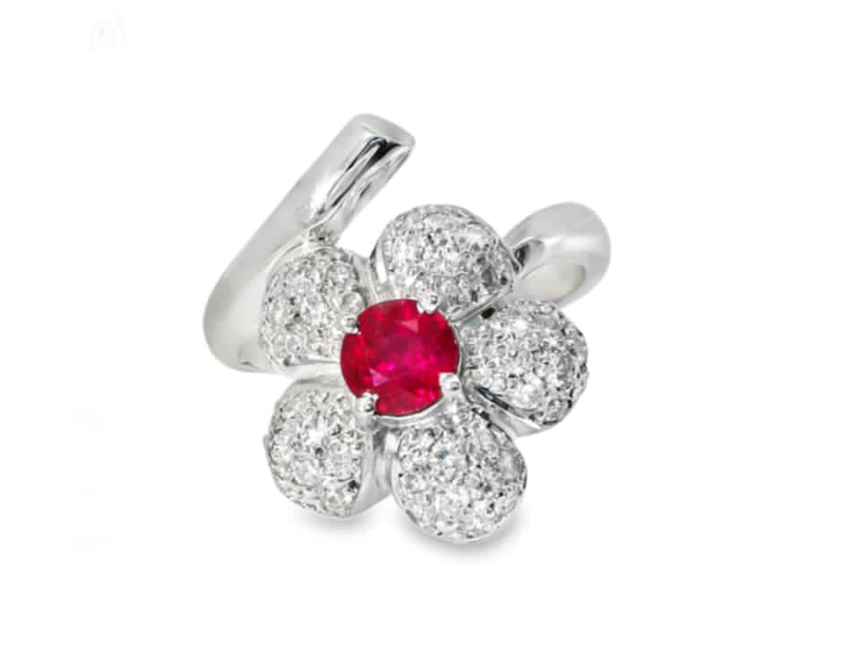 Platinum Ruby and Diamond Floral Ring
