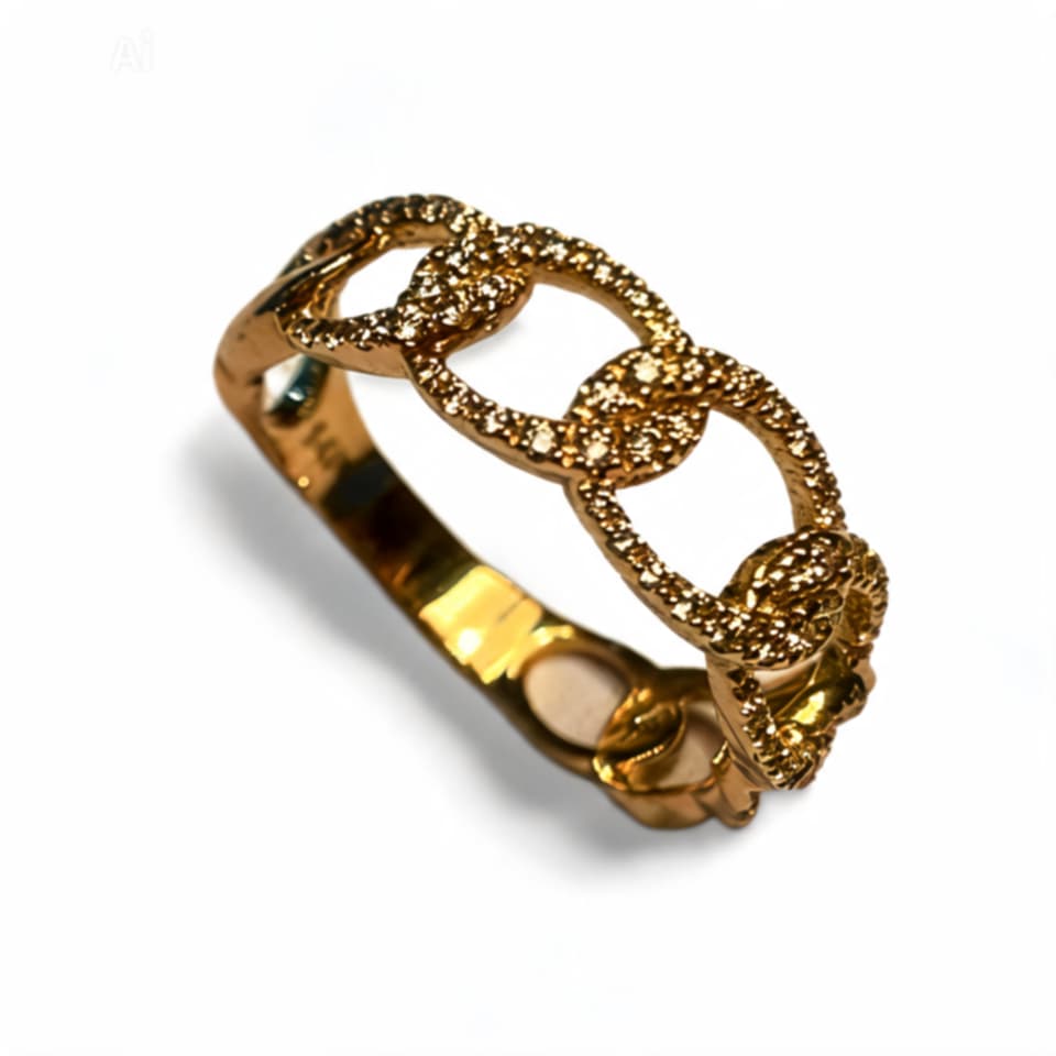 14K Yellow Gold Diamond Swirl Cuban Chain Link Band Ring