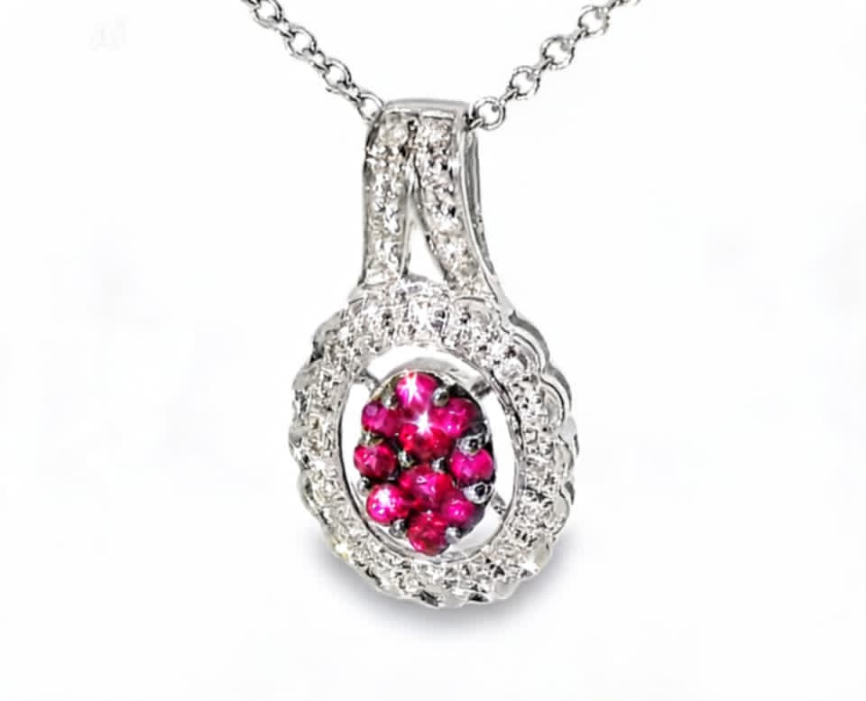 14K White Gold Ruby Diamond Filigree Pendant Estate Designer Jewelry